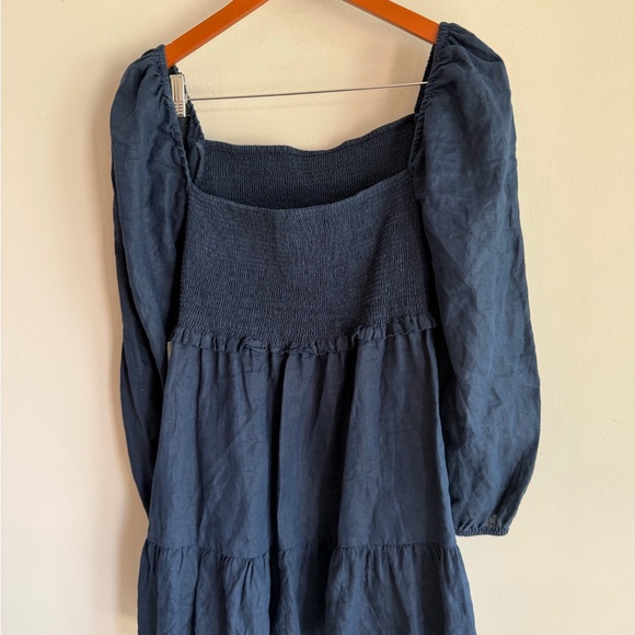 Quince European Linen Smocked Mini Dress Navy Blue Long Puff Sleeve Tiered L - Picture 5 of 6